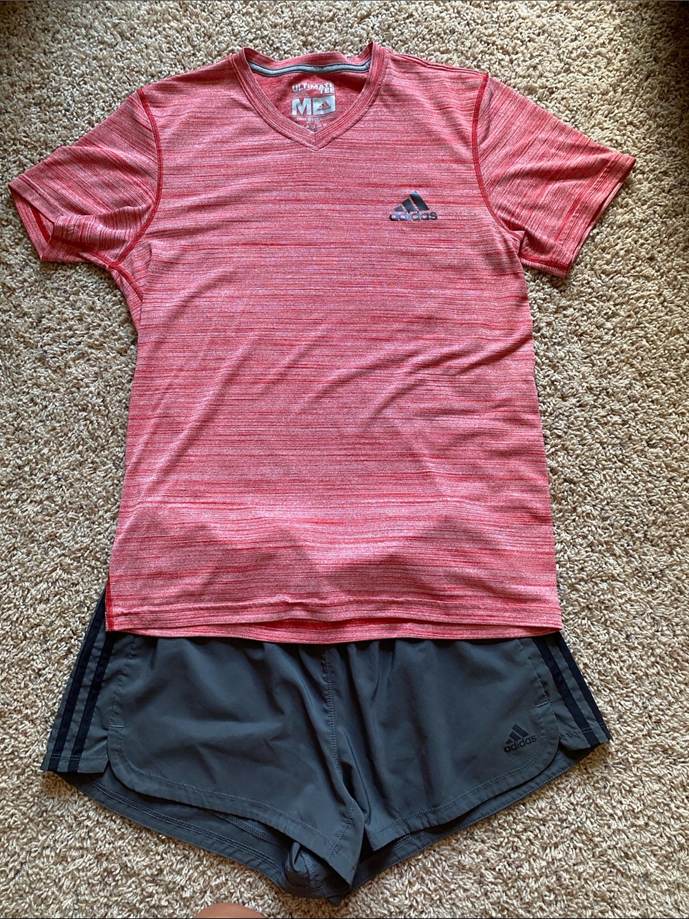 adidas Women's Heather Coral V-Neck Short Sleeve Tee + shorts bundle